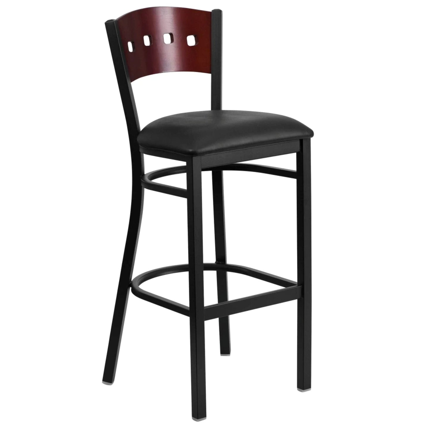 Bar stool with mahogany wood back, black vinyl padded seat, and black powder-coated steel frame