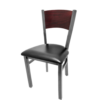 Dining chair with mahogany stain seat back and black vinyl seat.