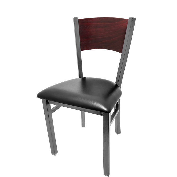 Dining chair with mahogany stain seat back and black vinyl seat.