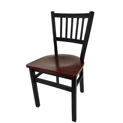Dining chair with wood frame and mahogany stain solid wood seat.