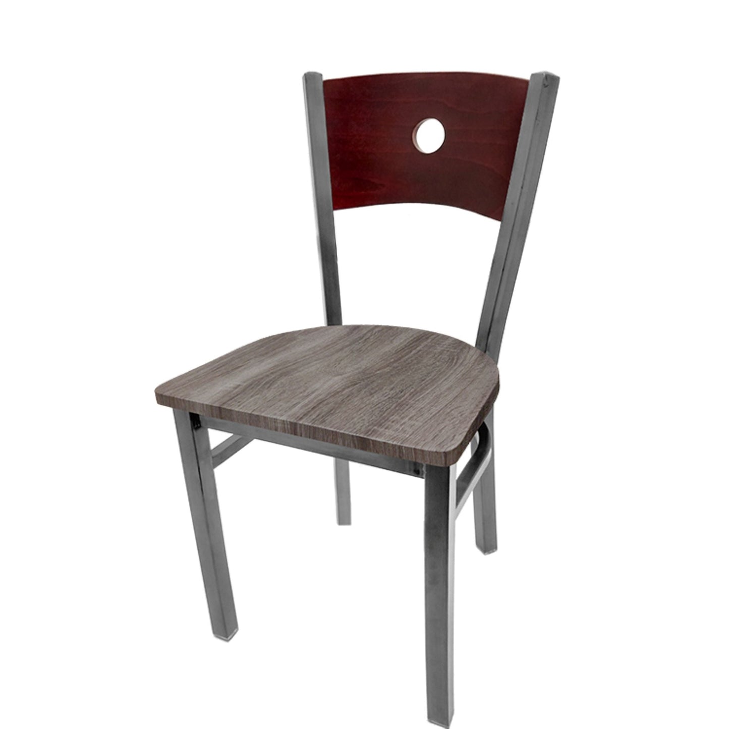 Dining chair with mahogany wood back and barnwood seat.