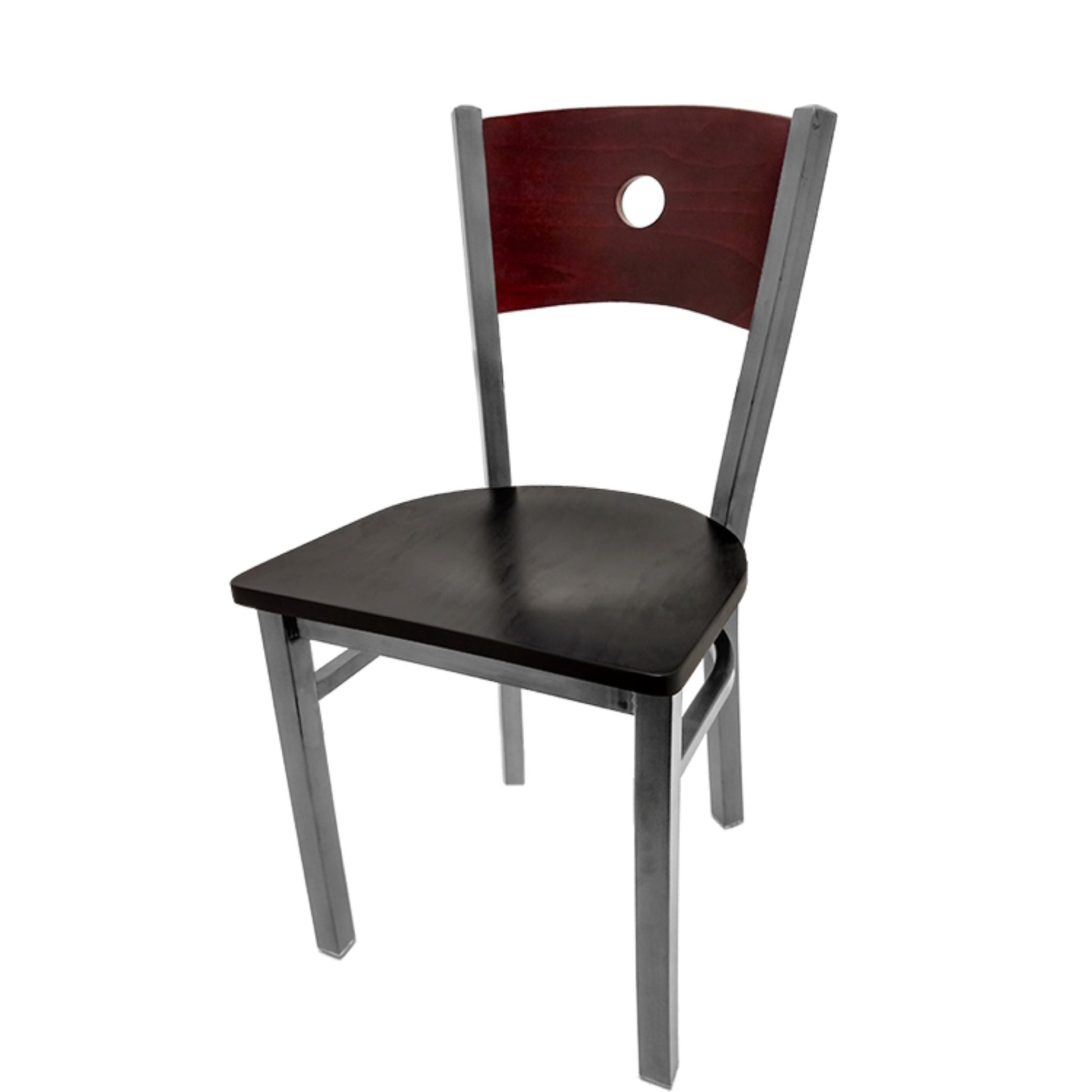Dining chair with mahogany wood back and black wood seat.