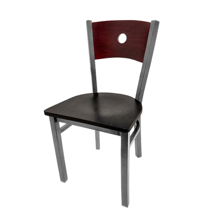 Dining chair with mahogany wood back and black wood seat.