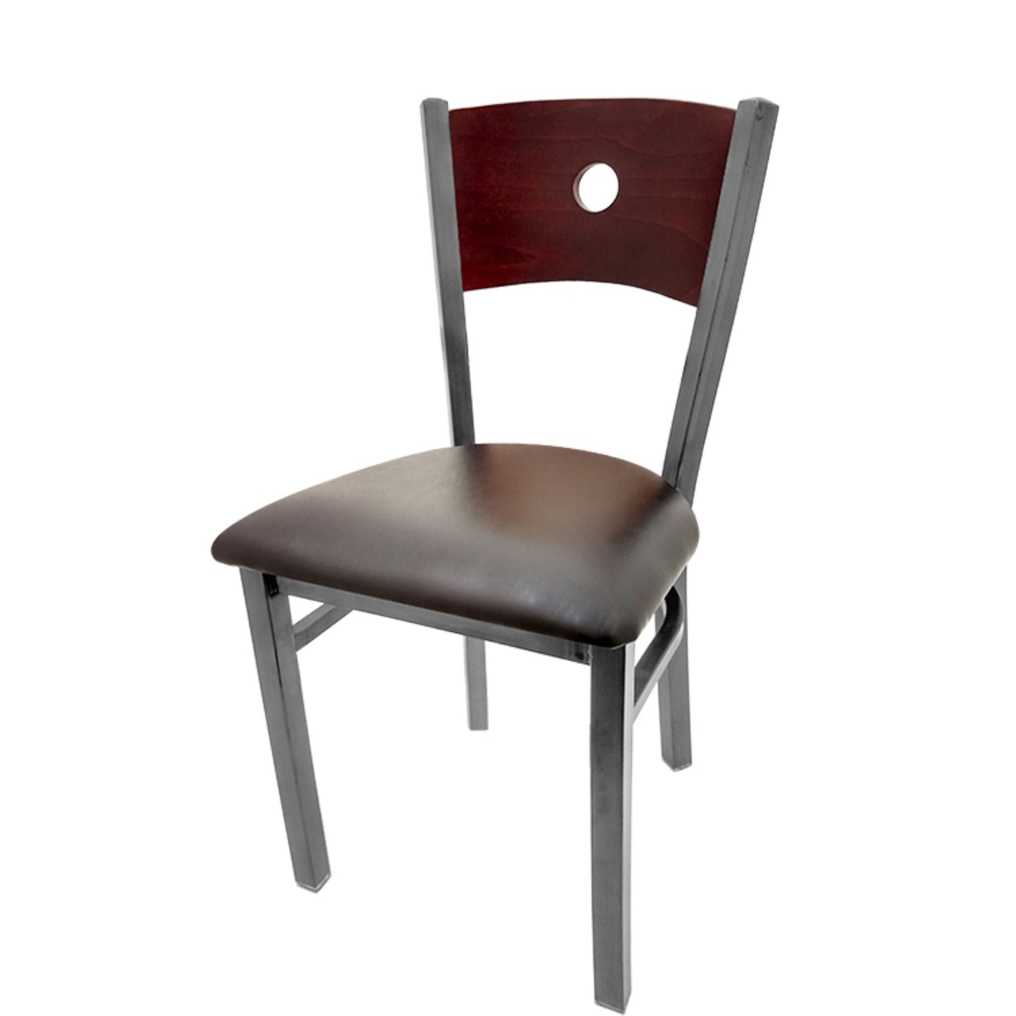 Dining chair with mahogany wood back and espresso vinyl seat.
