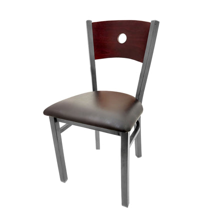 Dining chair with mahogany wood back and espresso vinyl seat.