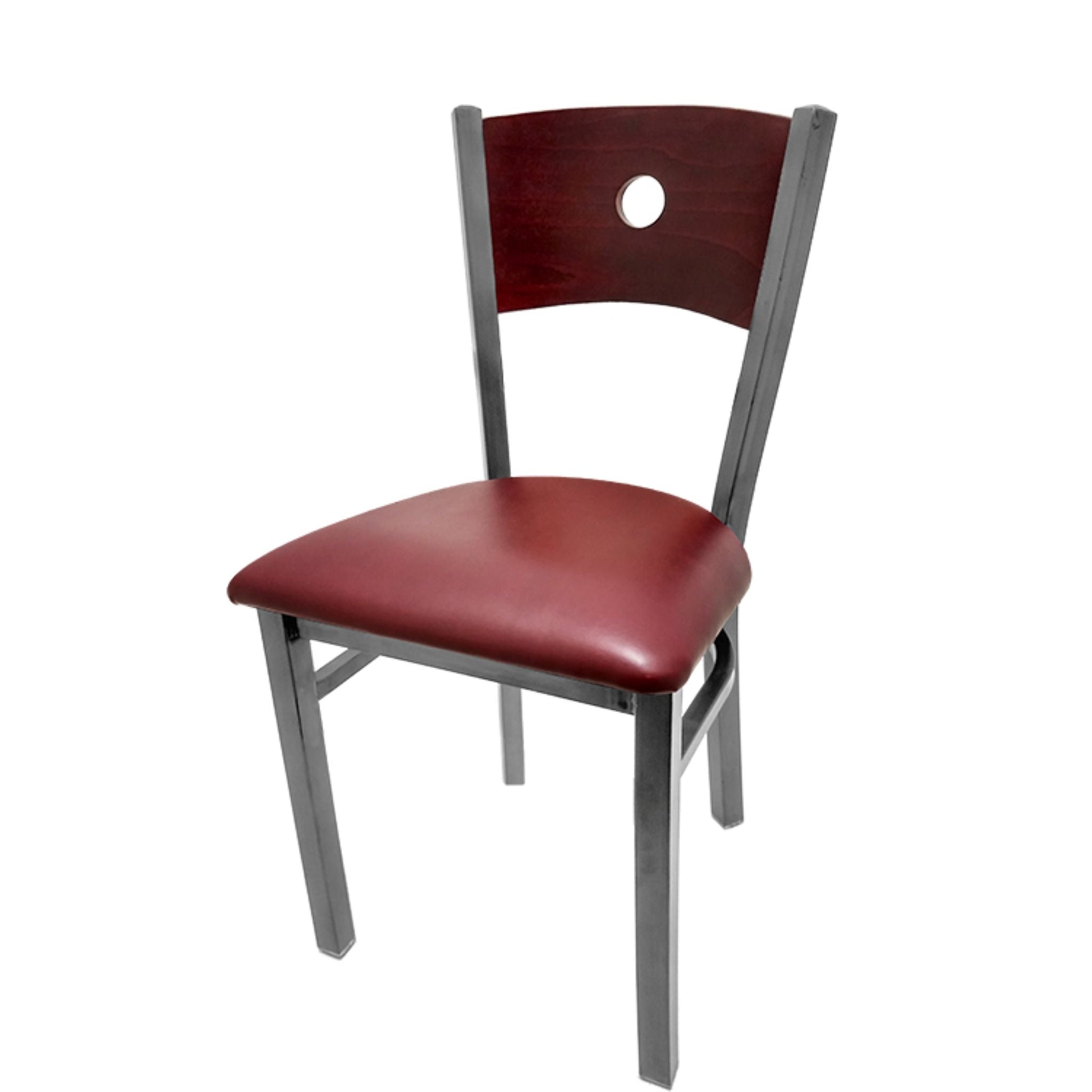 Dining chair with mahogany wood back and wine vinyl seat.