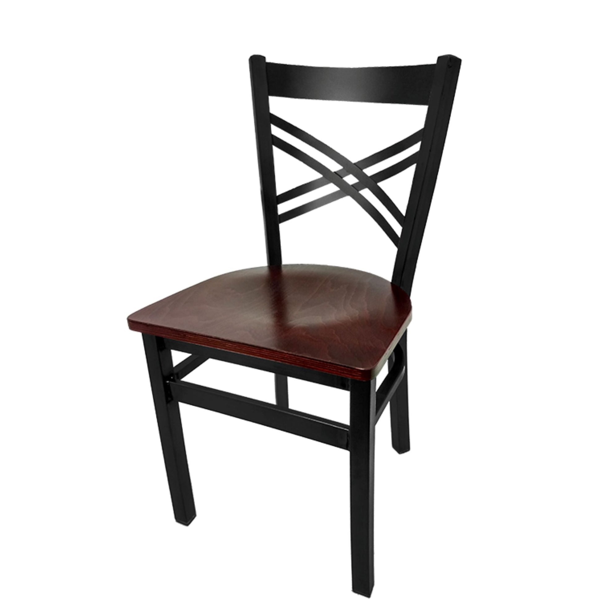 Crossback dining chair with black powder-coated steel frame and mahogany stained solid wood seat.