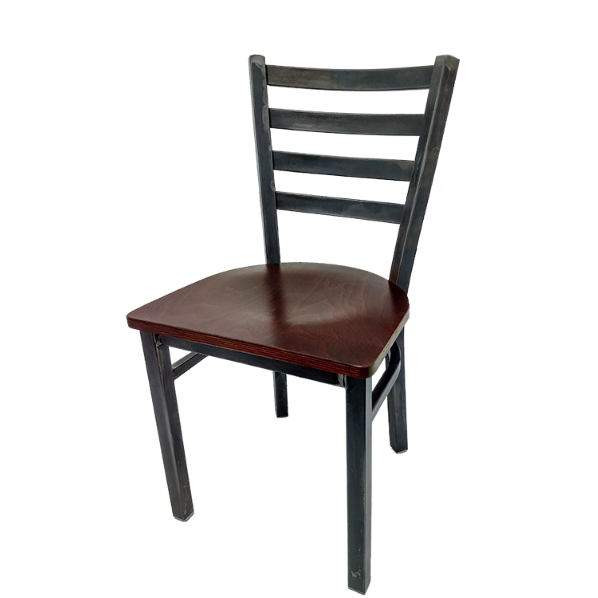 Rustic ladderback metal dining chair with clear coat steel frame and mahogany stain solid wood seat.