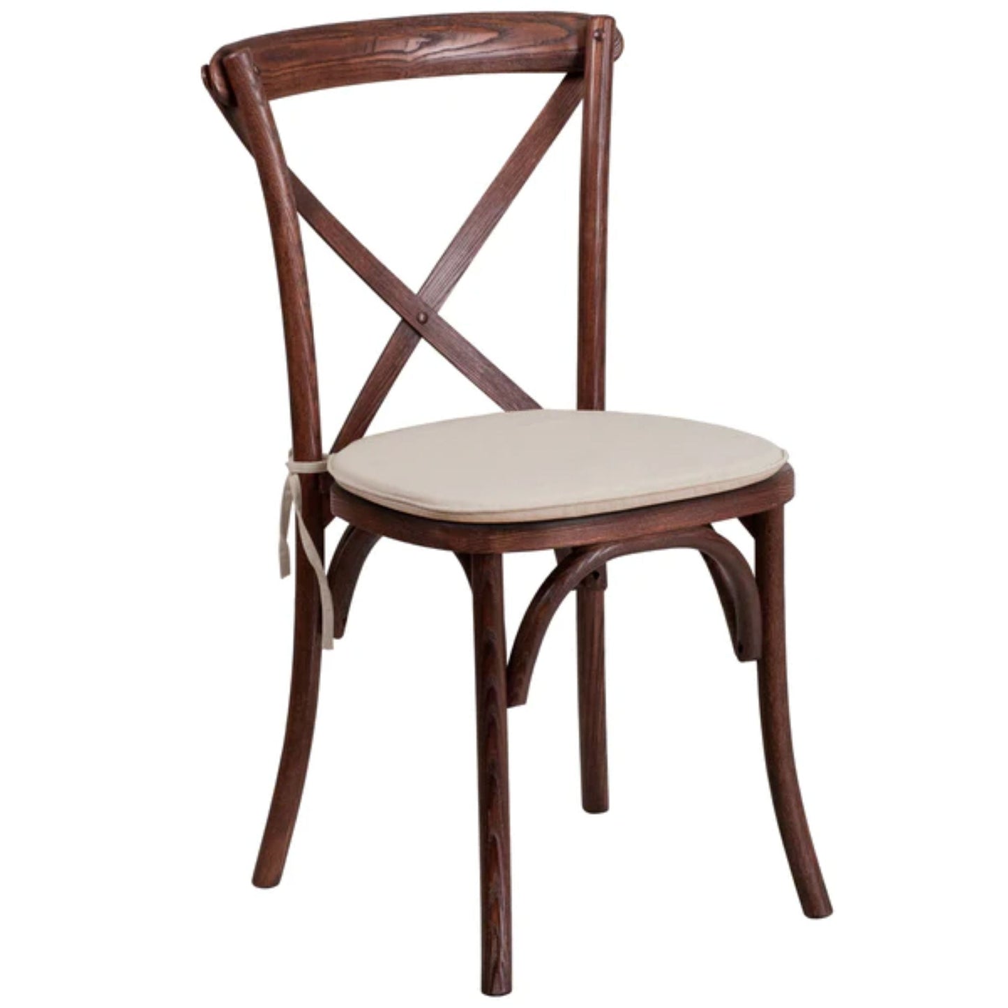 Mahogany wood cross back dining chair with cushioned seat and stackable frame for commercial spaces