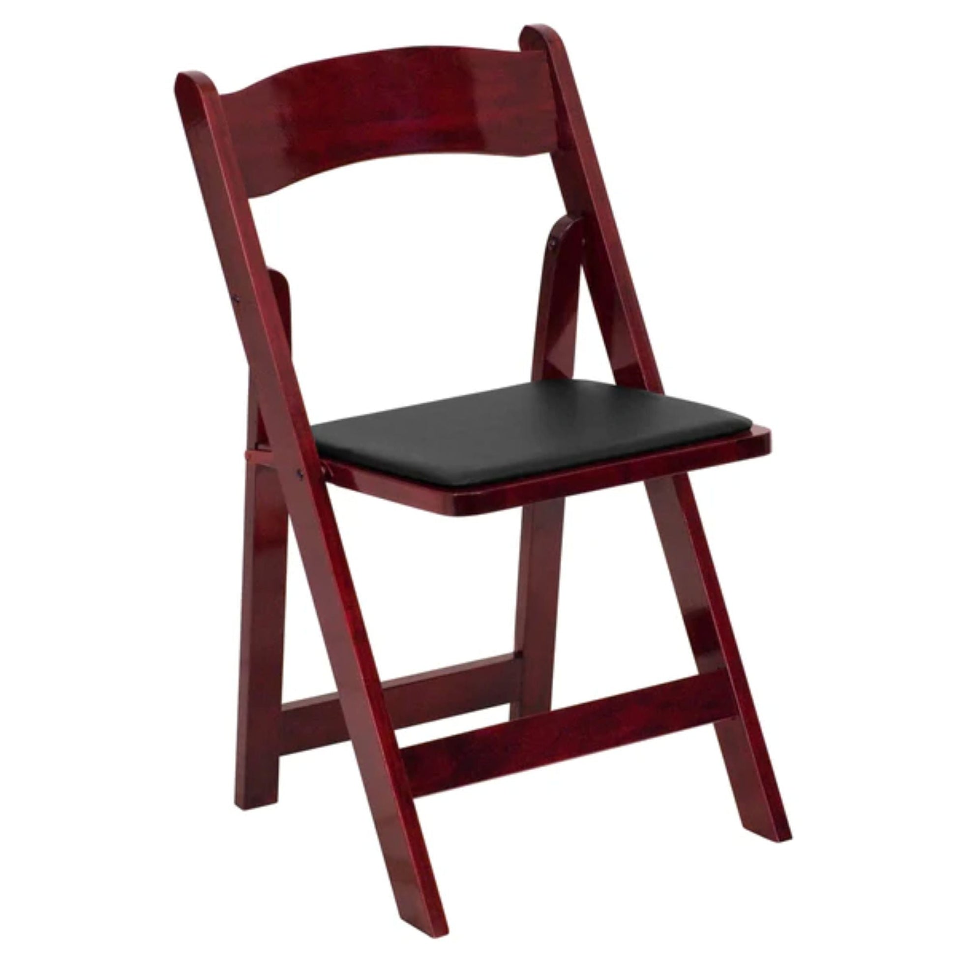 Front view of mahogany wood folding chair with vinyl padded seat.