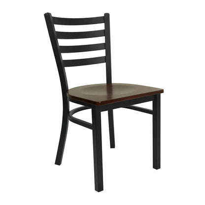 Ladder-back restaurant chair with mahogany wood seat and black powder-coated steel frame, front view.