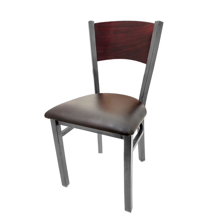 Dining chair with mahogany stain seat back and espresso vinyl seat.