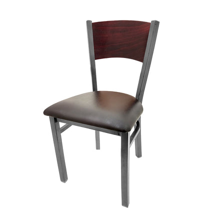 Dining chair with mahogany stain seat back and espresso vinyl seat.