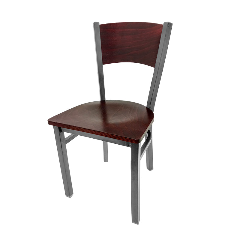 Dining chair with mahogany stain seat back and mahogany wood seat.