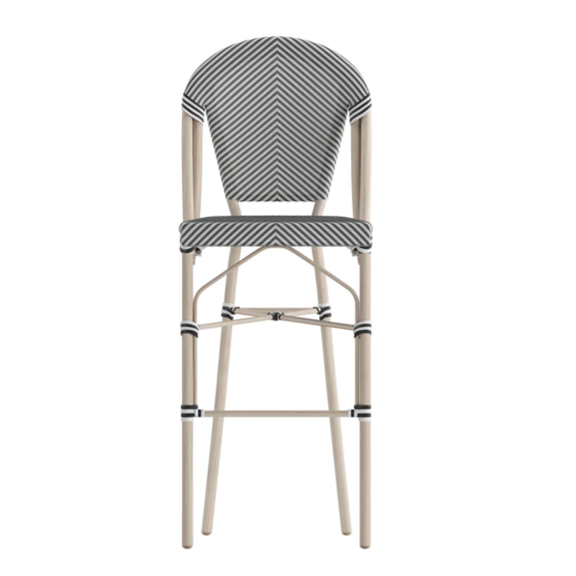 Black and white textilene Parisian-style barstool with natural bamboo-print powder-coated frame