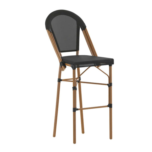 Marseille commercial bistro 30-inch barstool with black textilene seat and back and natural bamboo-look frame