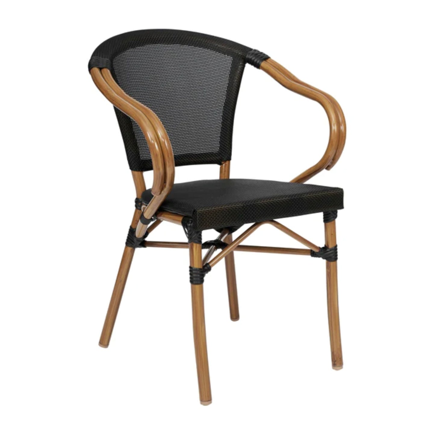 Front view of Marseille bistro chair with arms, black textilene seat and back, and natural bamboo-print aluminum frame.