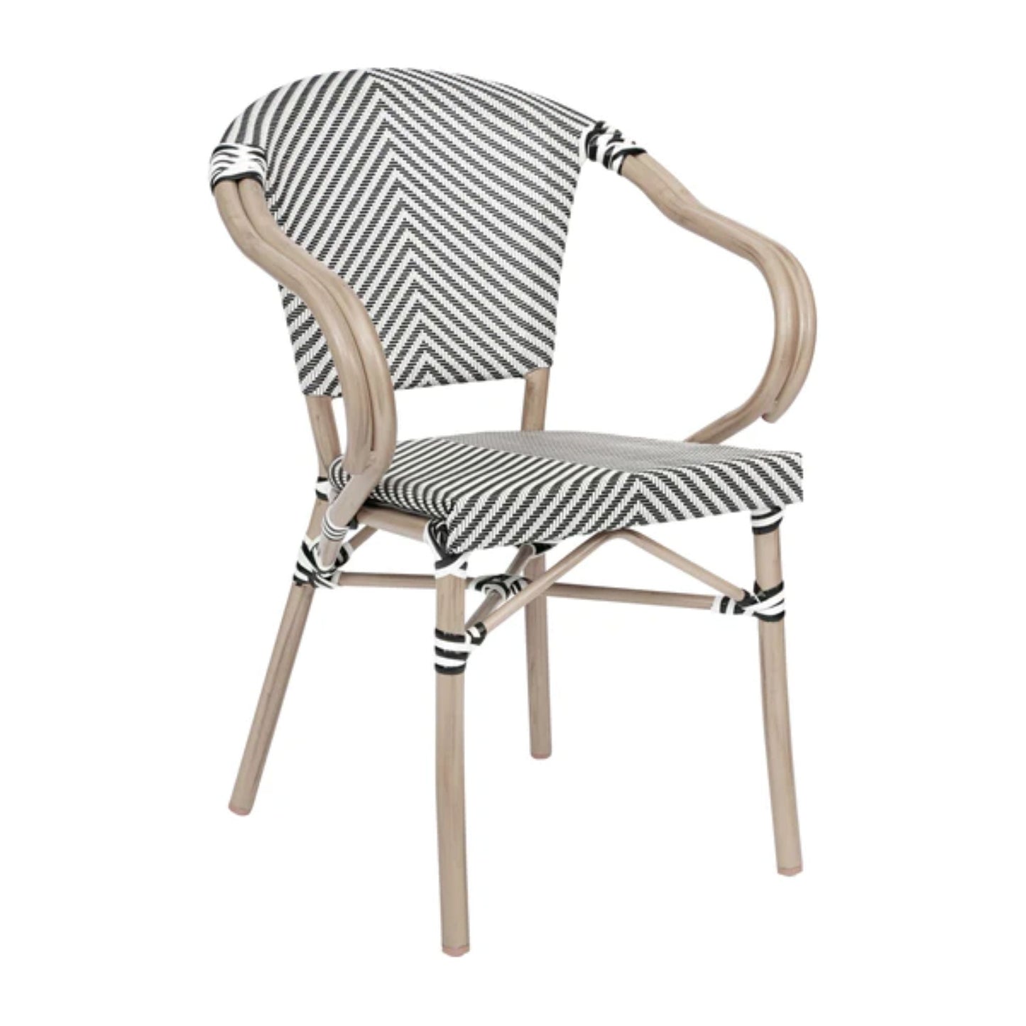 Front view of Marseille bistro chair with arms, black-white textilene woven seat and back, bamboo-print aluminum frame for indoor/outdoor use.