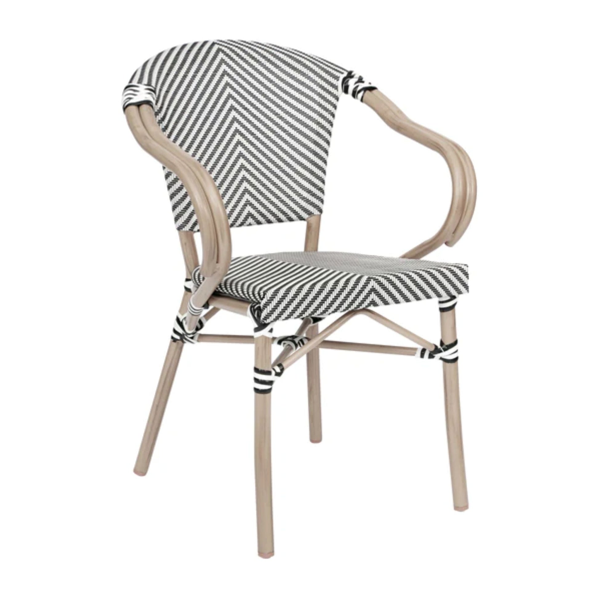 Front view of black-and-white textilene bistro arm chair with natural bamboo-print aluminum frame for indoor or outdoor seating.
