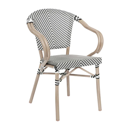 Front view of black-and-white textilene bistro arm chair with natural bamboo-print aluminum frame for indoor or outdoor seating.