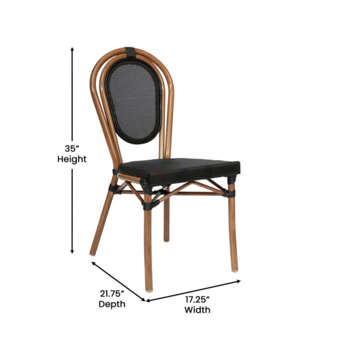 Front view showing ventilated black/white mesh seat and curved round back with dimensions