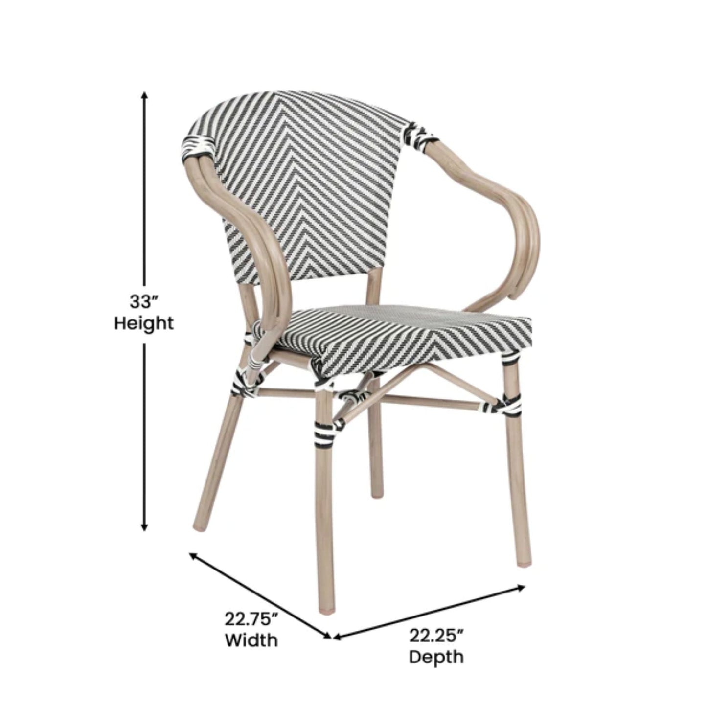 Angled view of commercial bistro stacking chair with black-white patterned textilene seat and back and bamboo-print metal frame with dimensions