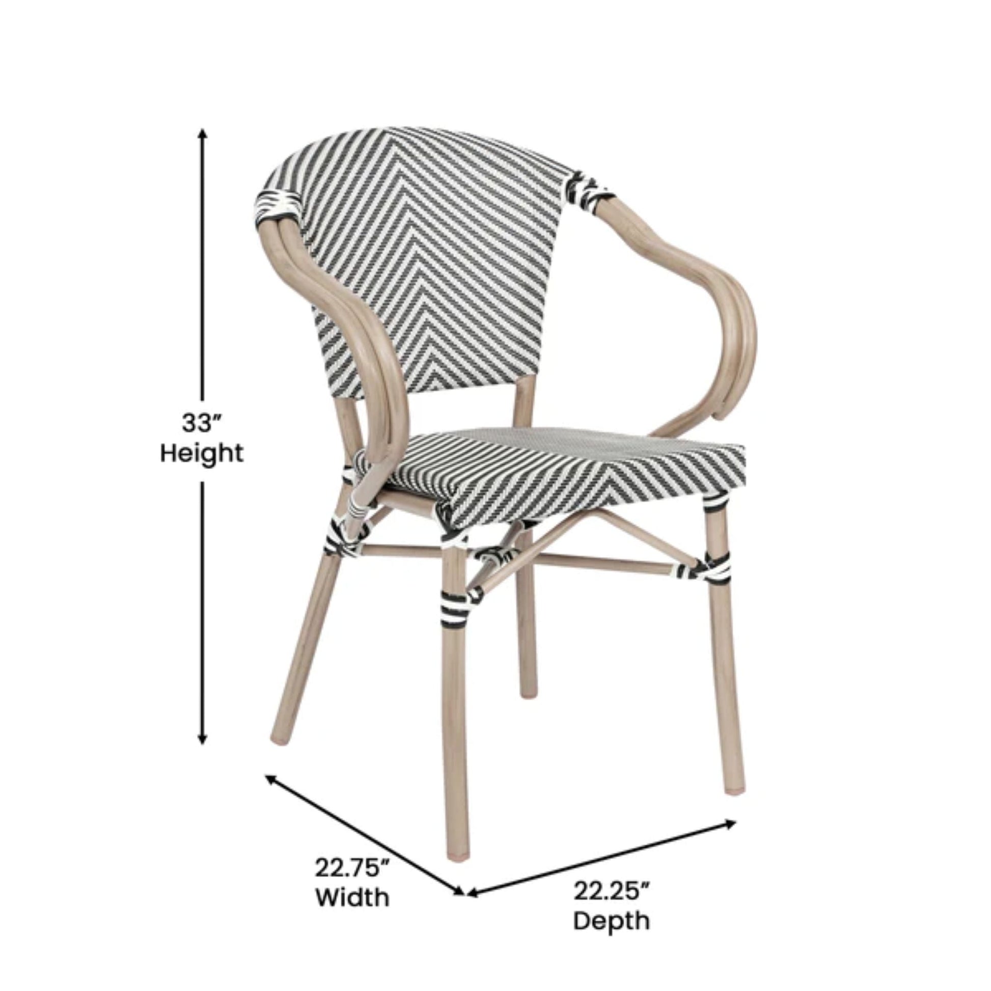 Angled view of commercial bistro stacking chair with black-white patterned textilene seat and back and bamboo-print metal frame with dimensions