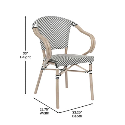 Angled view of commercial bistro stacking chair with black-white patterned textilene seat and back and bamboo-print metal frame with dimensions