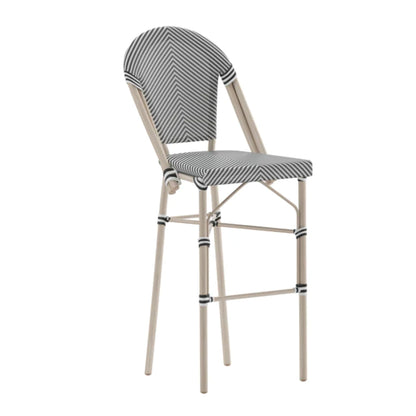 Marseille commercial bistro 30-inch barstool with black and white textilene seat and back and natural bamboo-look frame