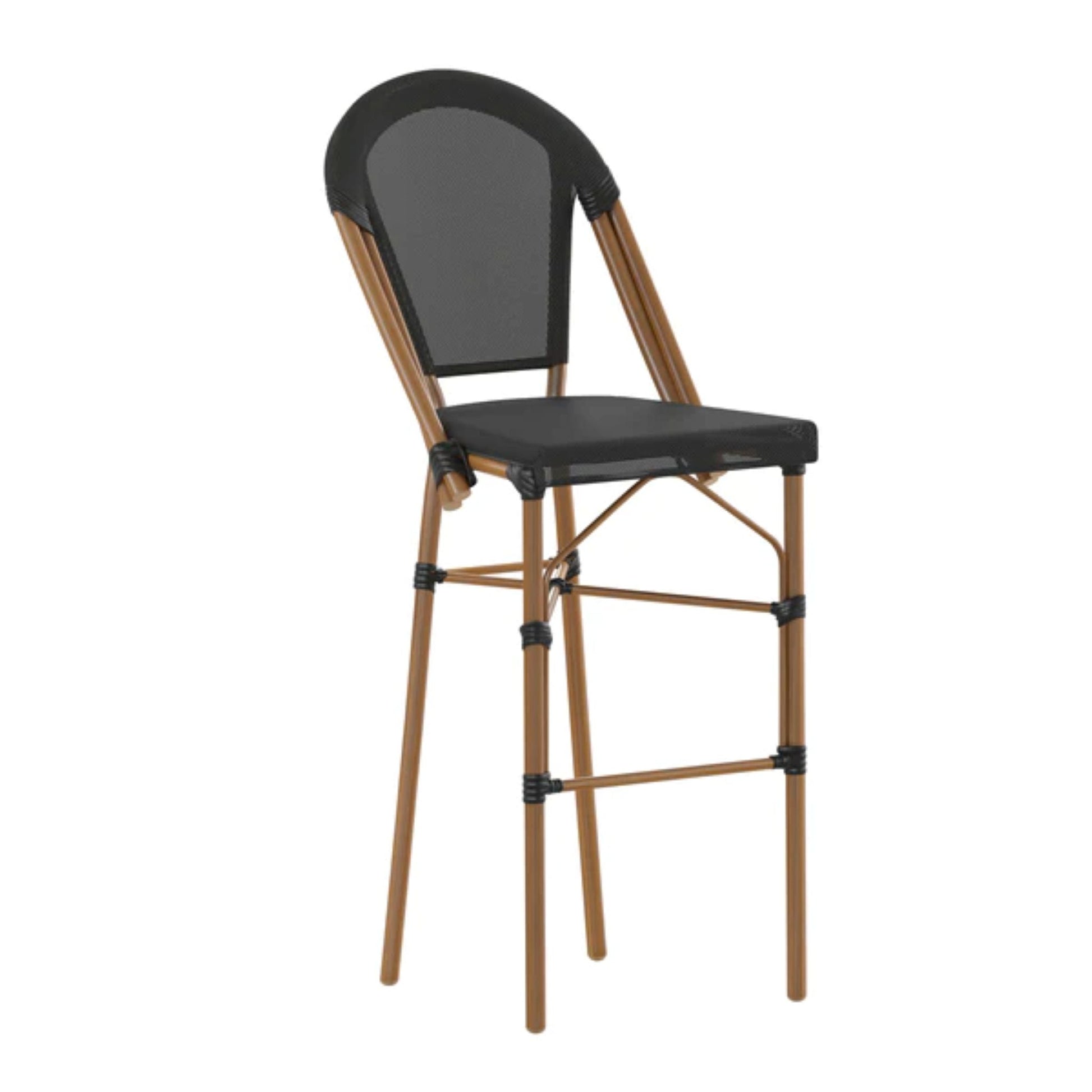 Black textilene Parisian-style barstool with natural bamboo-print powder-coated frame