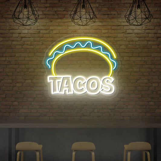 Mexican Taco LED Neon Sign glowing with vibrant taco design, perfect for restaurant, bar, or kitchen wall décor.