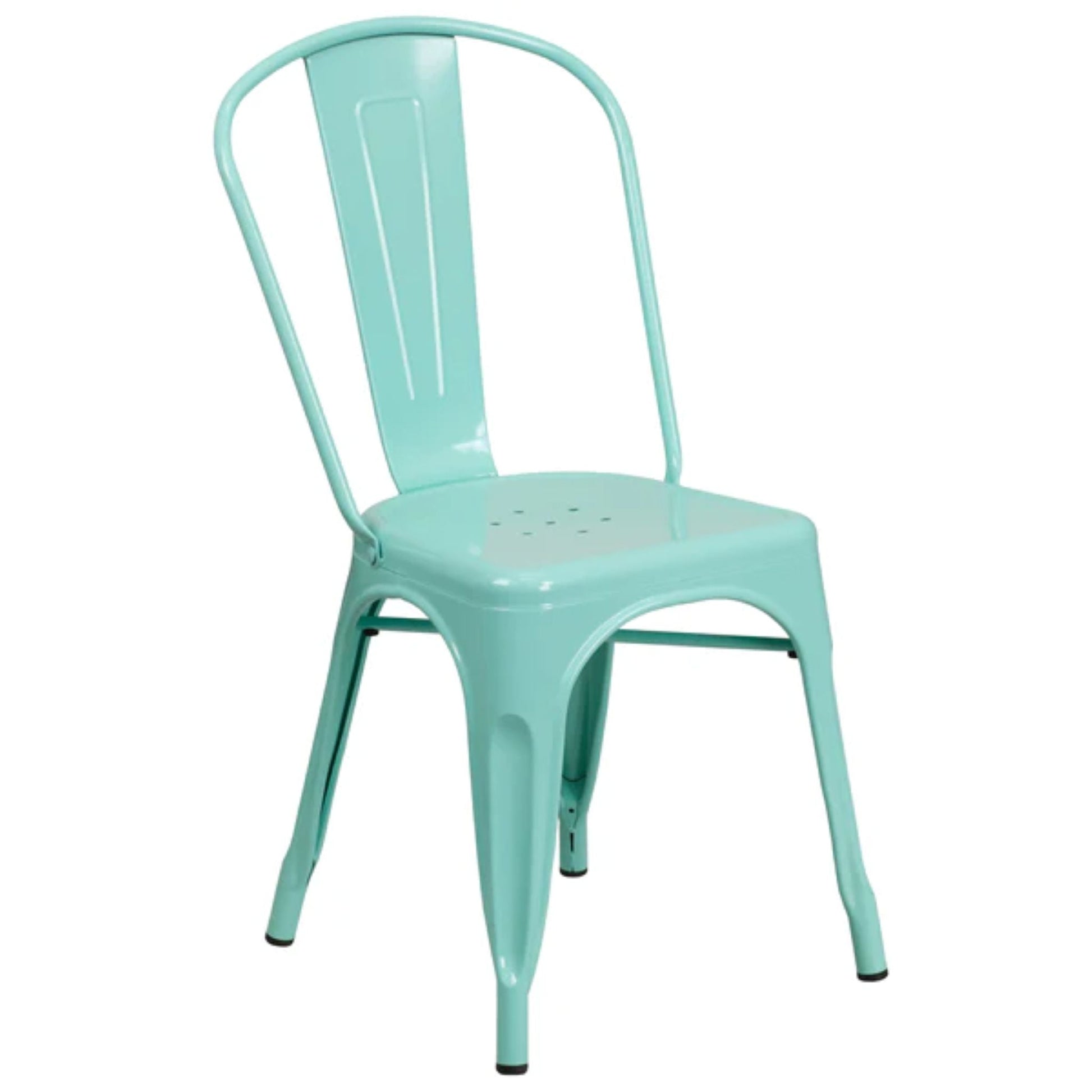 Mint green metal stackable dining chair with slatted seat, curved back, and all-weather frame