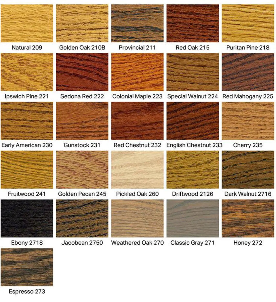 Wood color swatch chart with various wood finishes labeled.