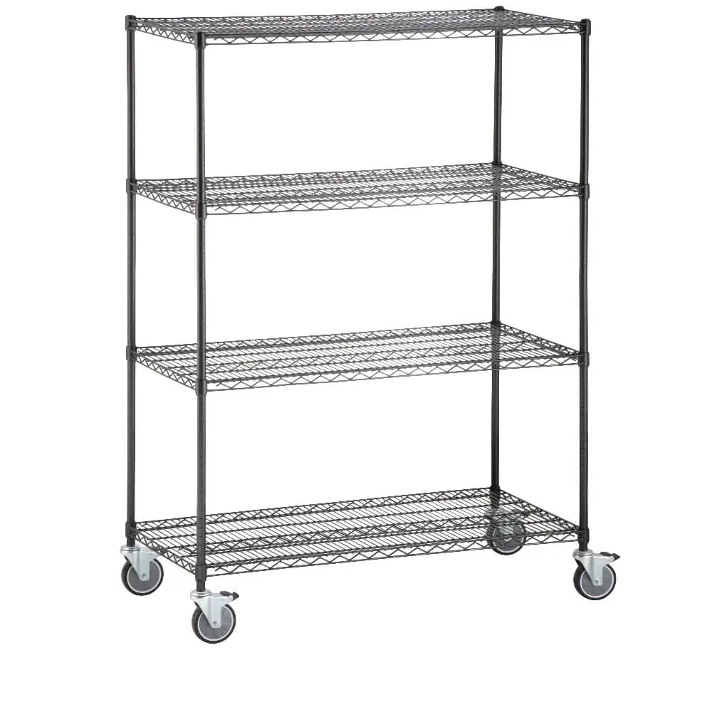 Black NSF-approved wire shelving unit with four adjustable shelves, shown in a 74-inch height for restaurant and bar storage.