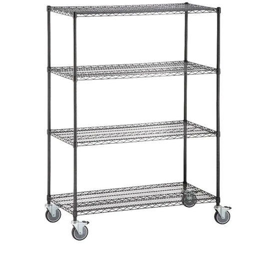 Black NSF-approved wire shelving unit with four adjustable shelves, shown in a 74-inch height for restaurant and bar storage.
