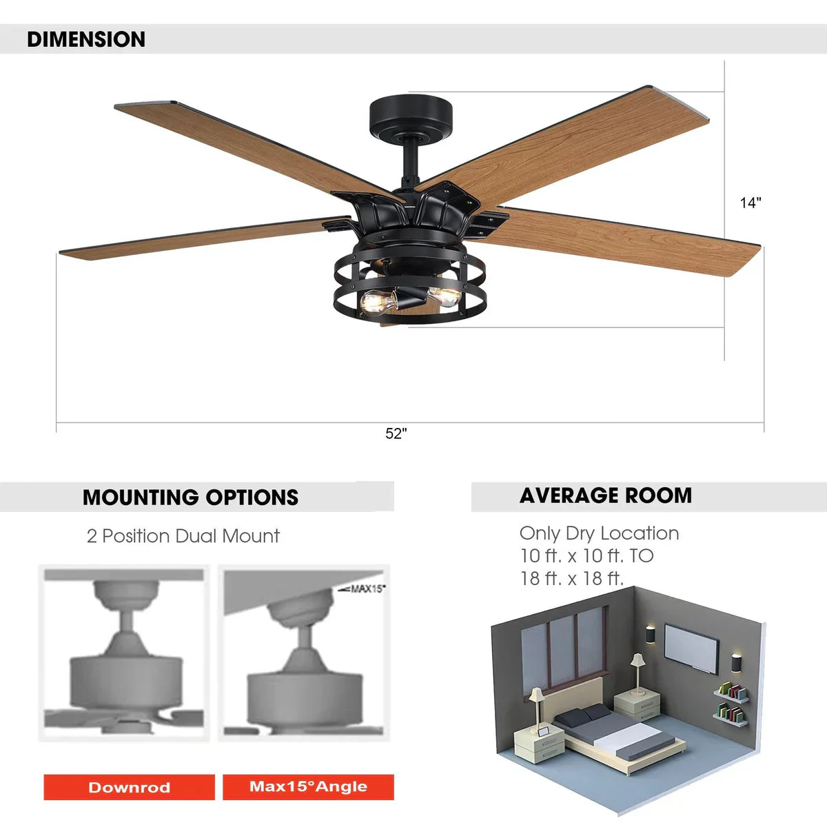 52-Inch Industrial Ceiling Fan with Lighting and Remote Control – Reversible Blades and Downrod Mount for Modern Interiors
