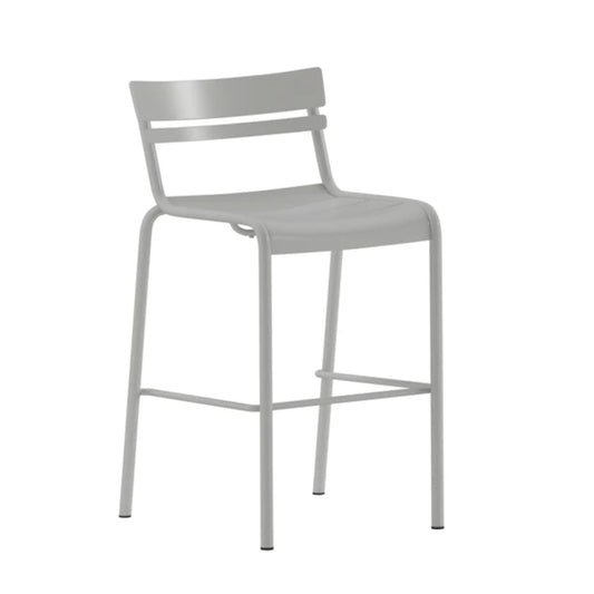 Nash indoor-outdoor bar stool with silver powder-coated frame and 2-slat metal seat and back