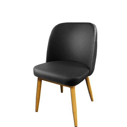 Front view Amata chair with tufted black vinyl bucket seat and faux natural woodgrain metal frame.