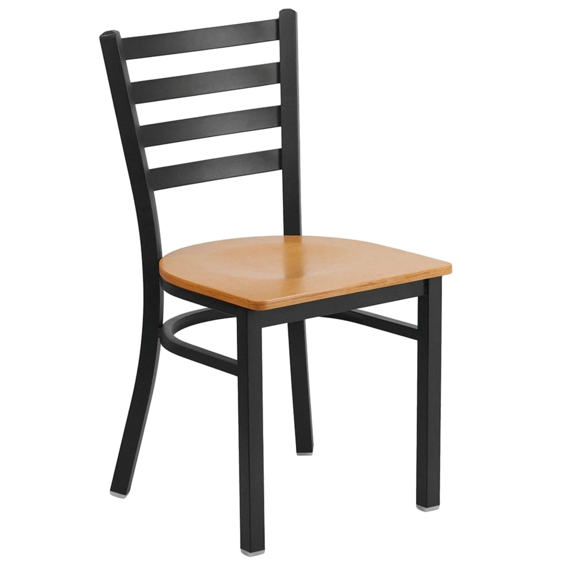Ladder-back restaurant chair with natural wood seat and black powder-coated steel frame, front view.

Side View