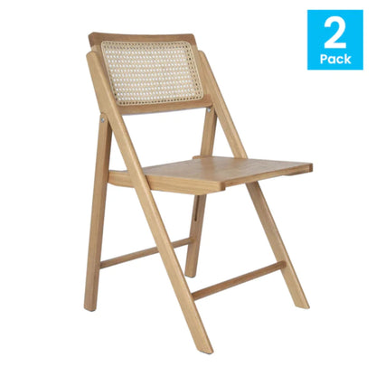 Front view of cane rattan folding chair with natural wood frame, solid wood seat, and woven cane ventilated back.