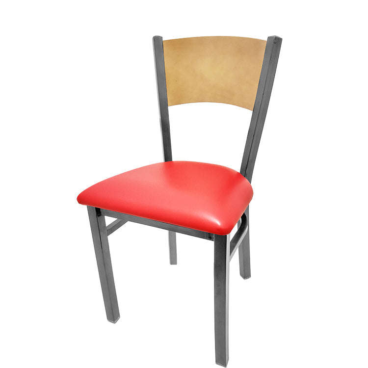 Dining chair with natural finish seat back and red vinyl seat.
