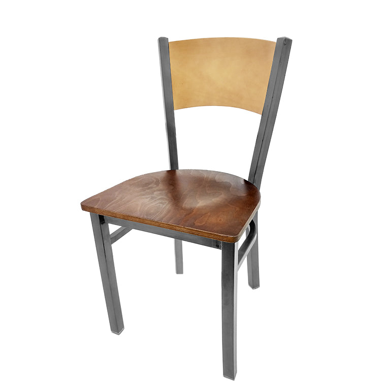 Dining chair with natural finish seat back and walnut wood seat.
