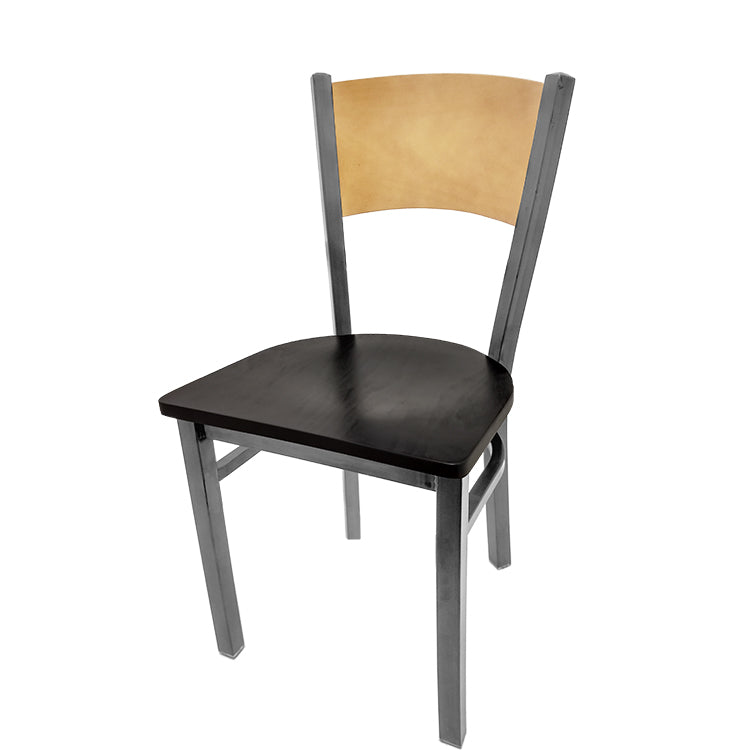 Dining chair with natural finish seat back and black stain wood seat.