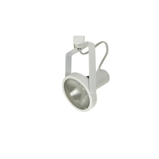 White PAR38 rear-loading gimbal ring track light head with adjustable yoke mounted on a track