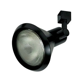 Black conical BR40/PAR38 track lighting fixture featuring a sleek design and directional adjustment.
