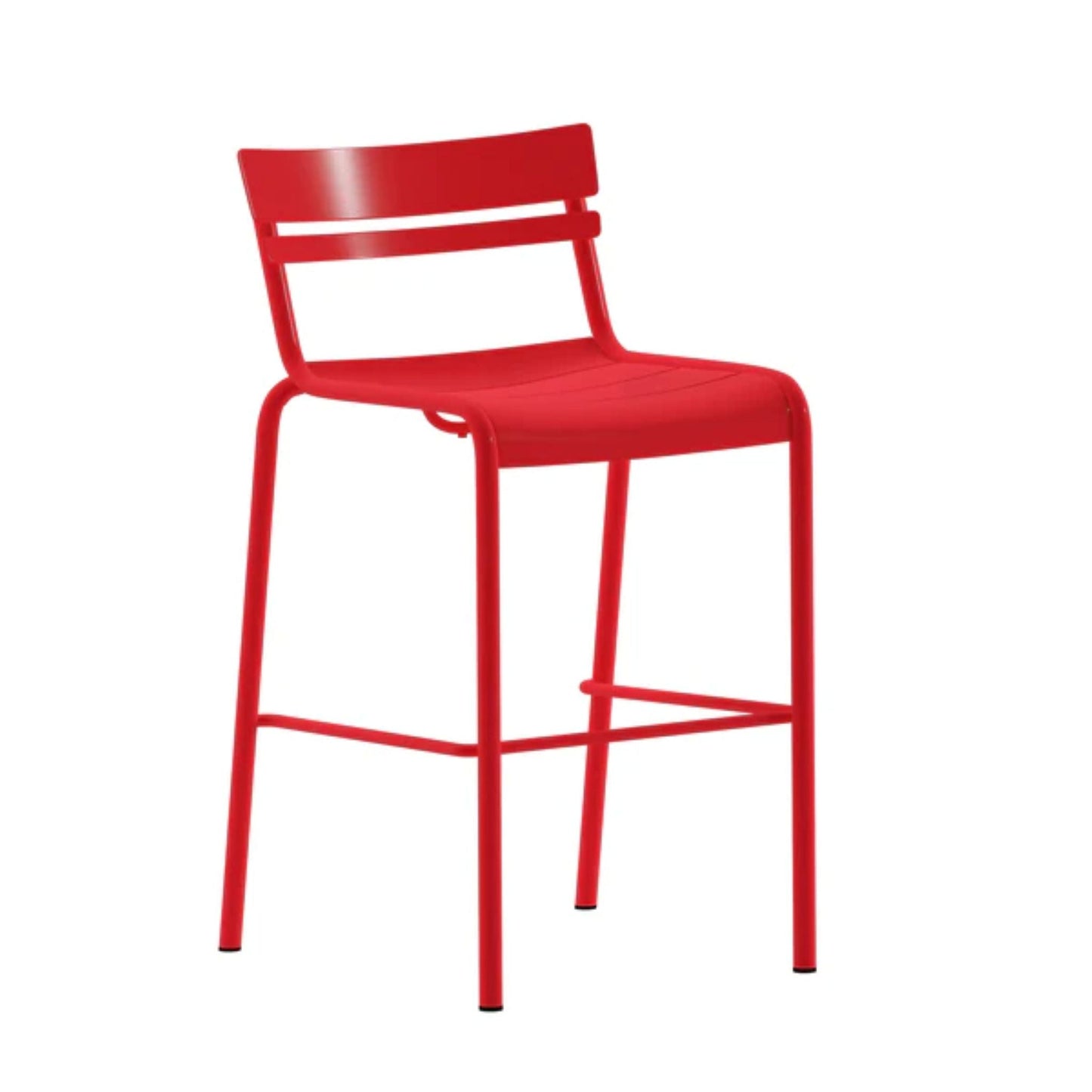 Nash indoor-outdoor bar stool with red powder-coated frame and 2-slat metal seat and back