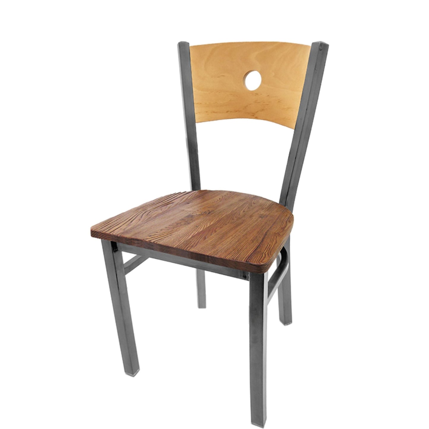 Dining chair with natural wood back and reclaimed wood seat.