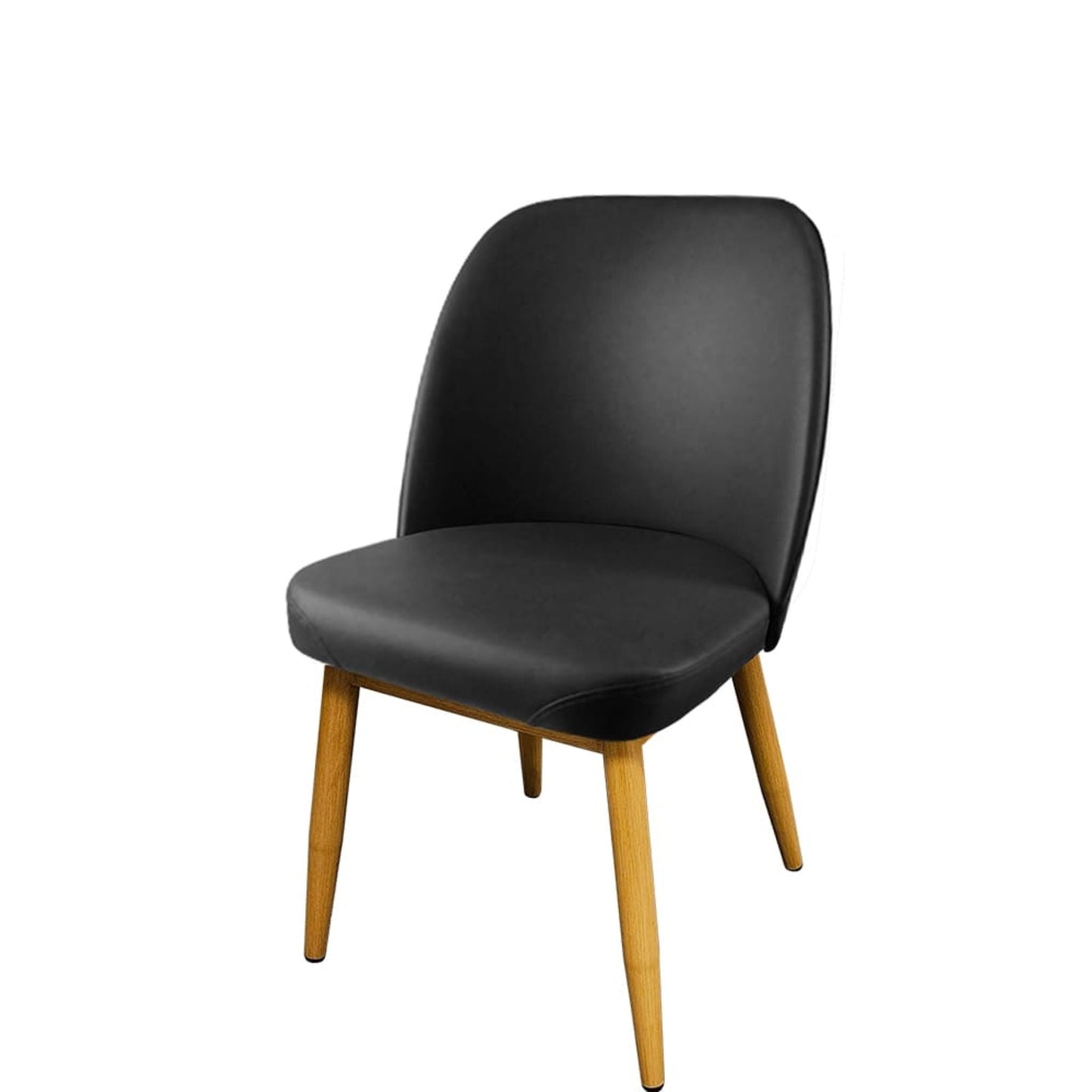 Amata chair with faux natural woodgrain metal frame and black vinyl bucket seat