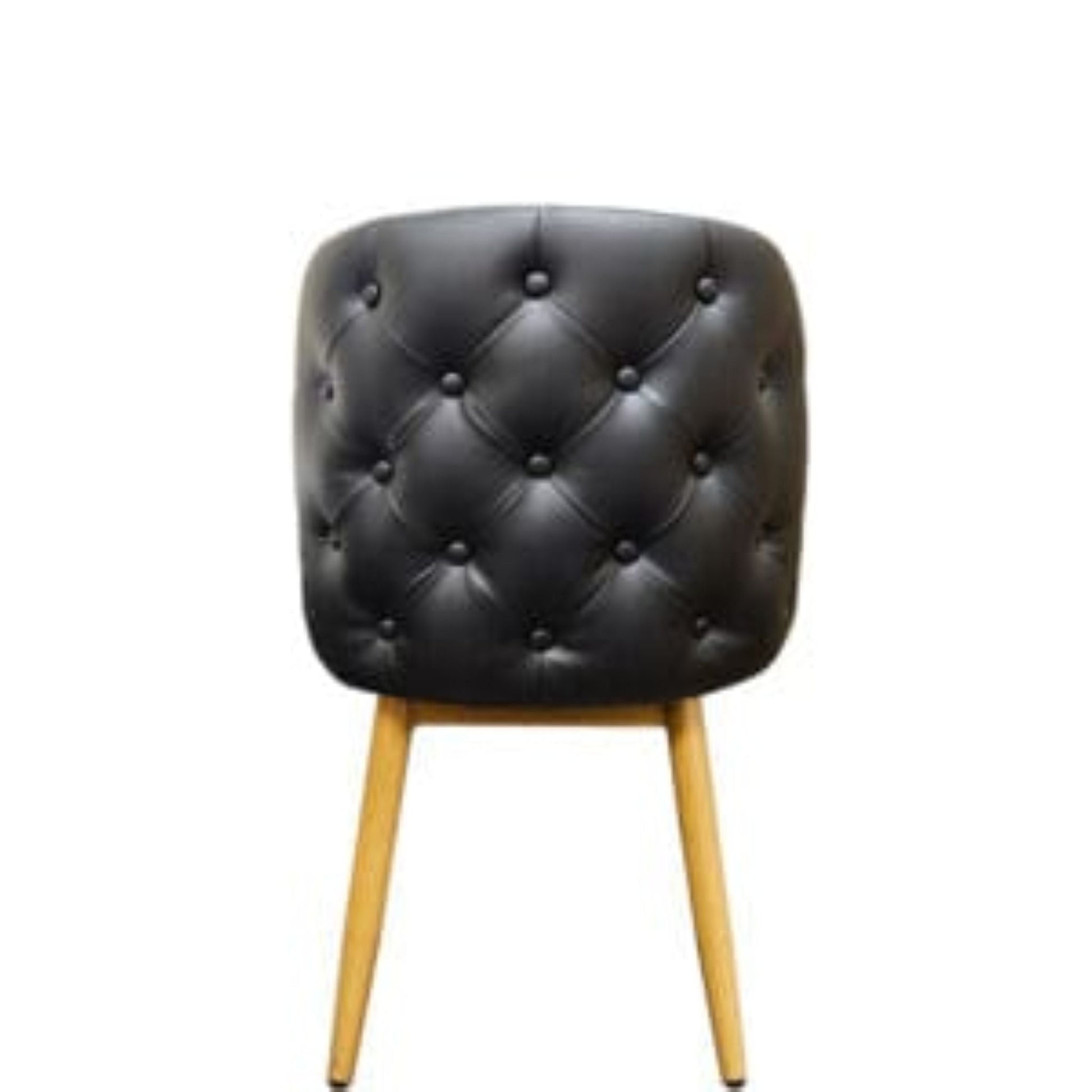 Back view Amata chair with tufted black vinyl bucket seat and faux natural woodgrain metal frame.
