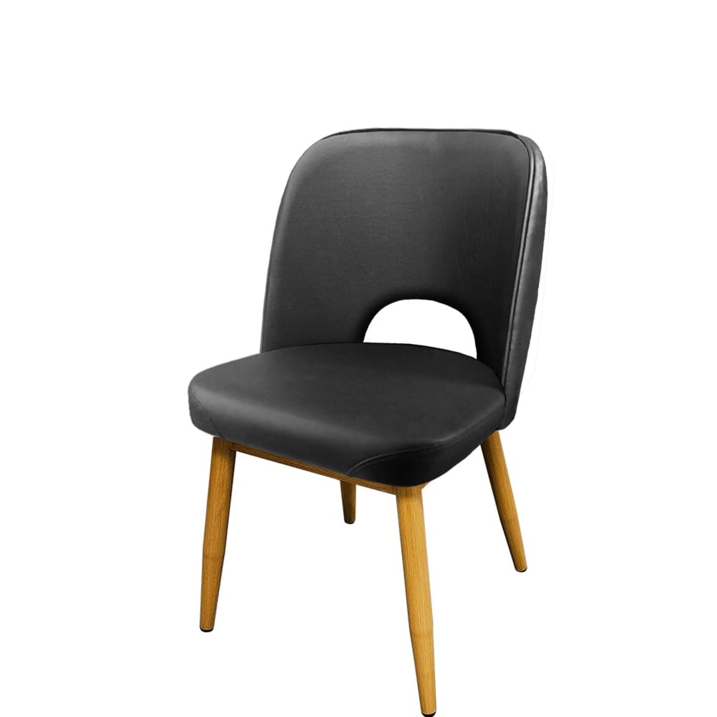 Amata chair with natural faux woodgrain metal frame and black vinyl cutout bucket seat.